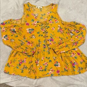 bleuh ciel Yellow Floral Lace-Up Cold Shoulder Top